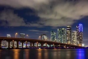 Downtown Miami with Macarthur Causeway in the foreground. The angle is looking from Venetian Causeway.