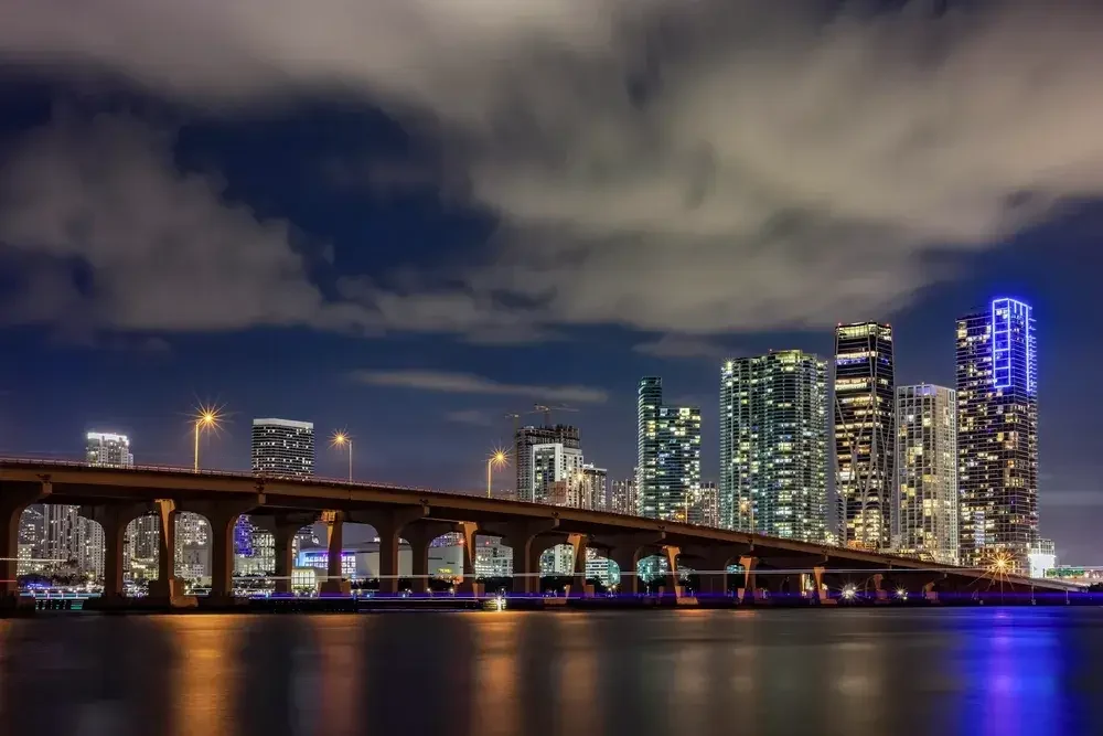 Downtown Miami with Macarthur Causeway in the foreground. The angle is looking from Venetian Causeway.