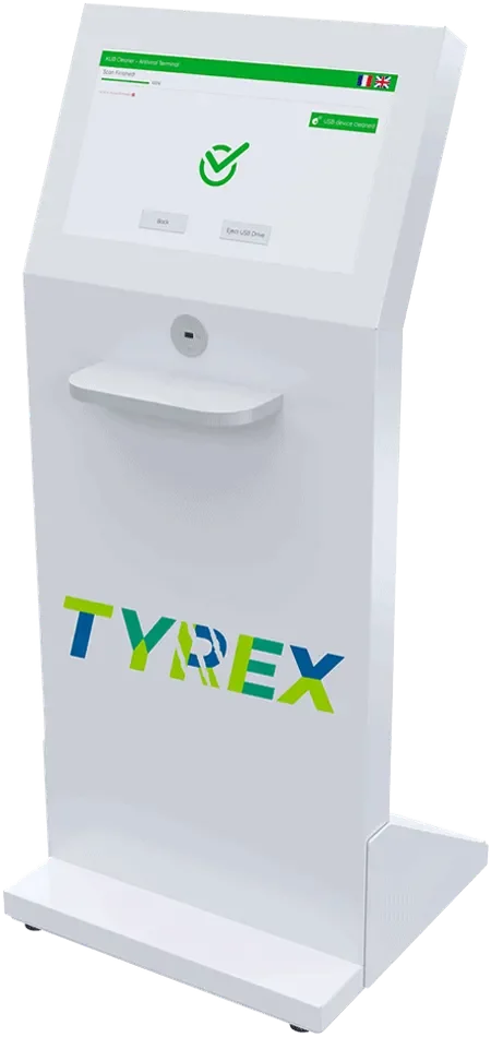K-REX TOTEM: Floor-standing USB decontamination station with multi-engine antivirus protection for public or reception areas.