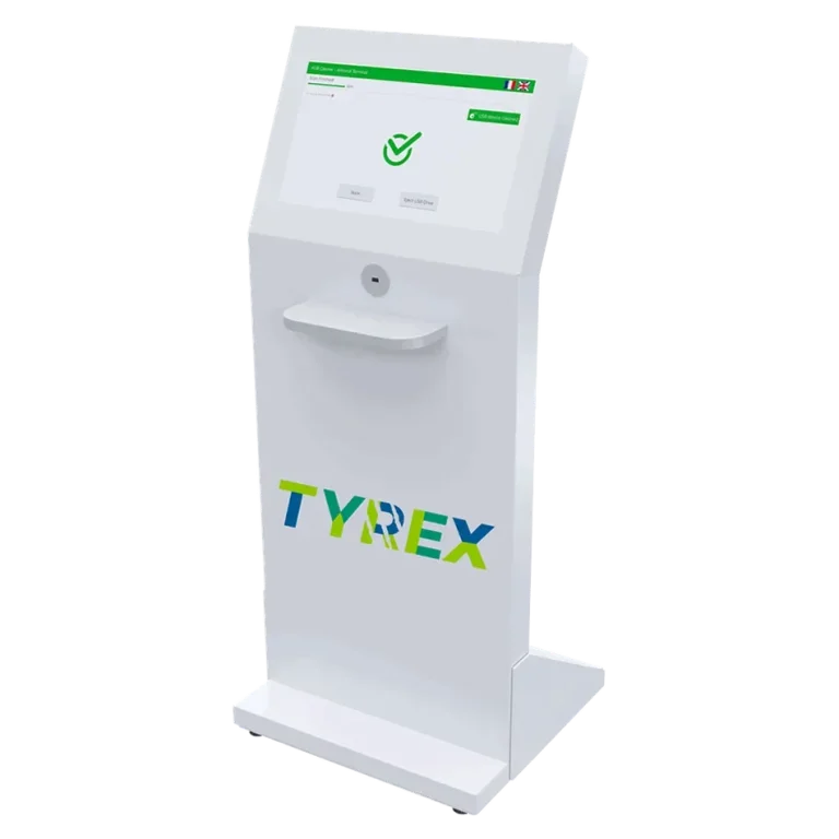 K-REX TOTEM: Floor-standing USB decontamination station with multi-engine antivirus protection for public or reception areas.