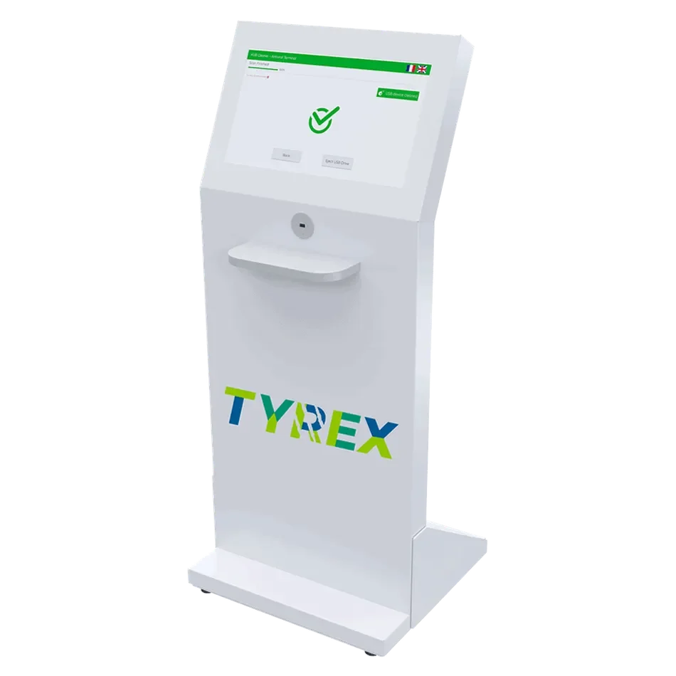 K-REX TOTEM: Floor-standing USB decontamination station with multi-engine antivirus protection for public or reception areas.