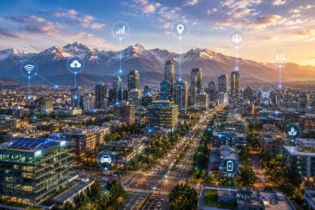 city with mountains at sunset