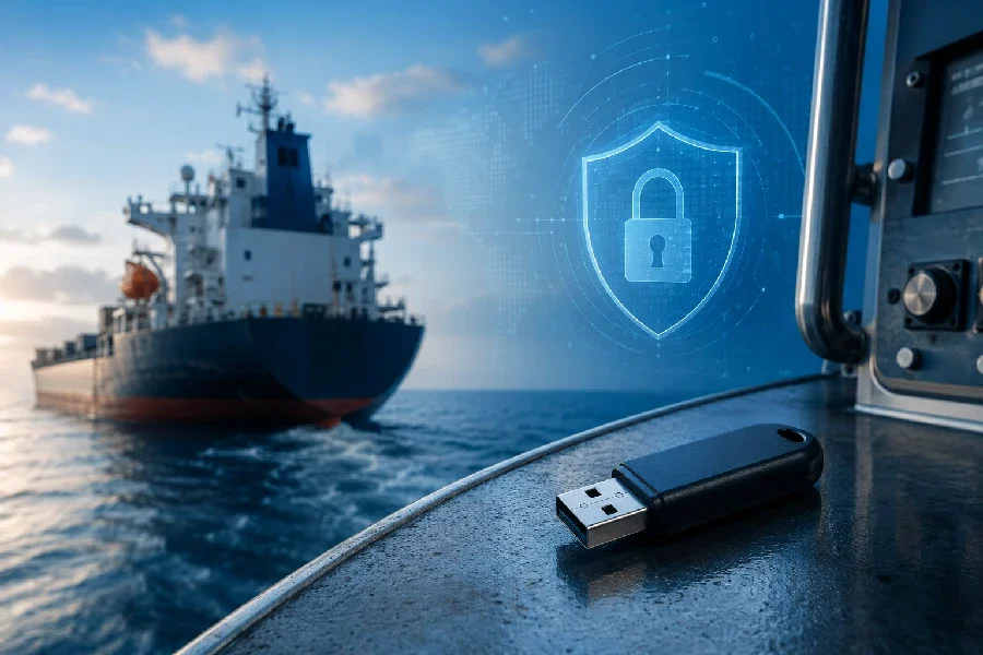 A USB with a lock shield symbol. In the background is a large ship at sea